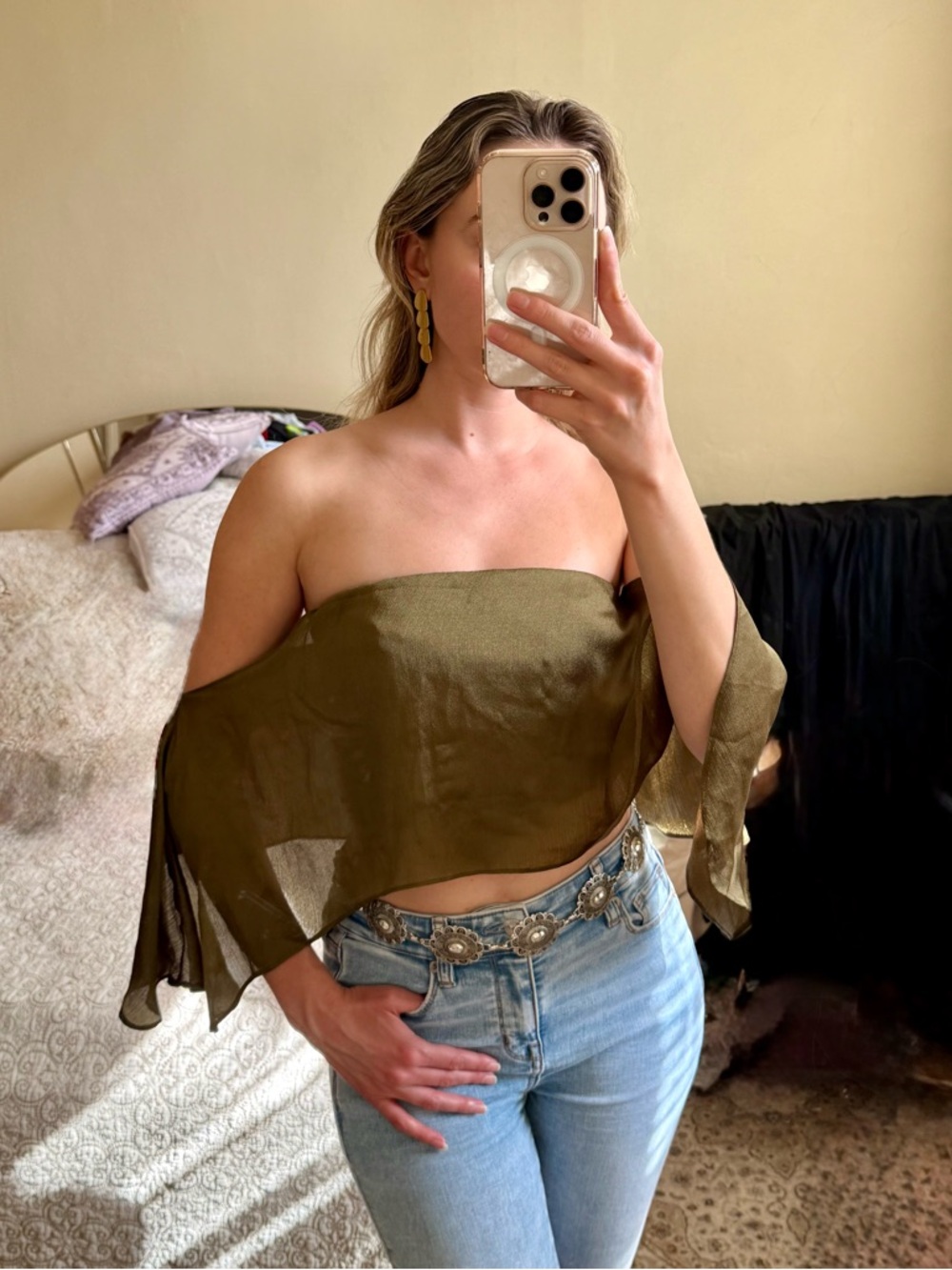 Guess Olive Green Sheer Off- Shoulder Crop Top